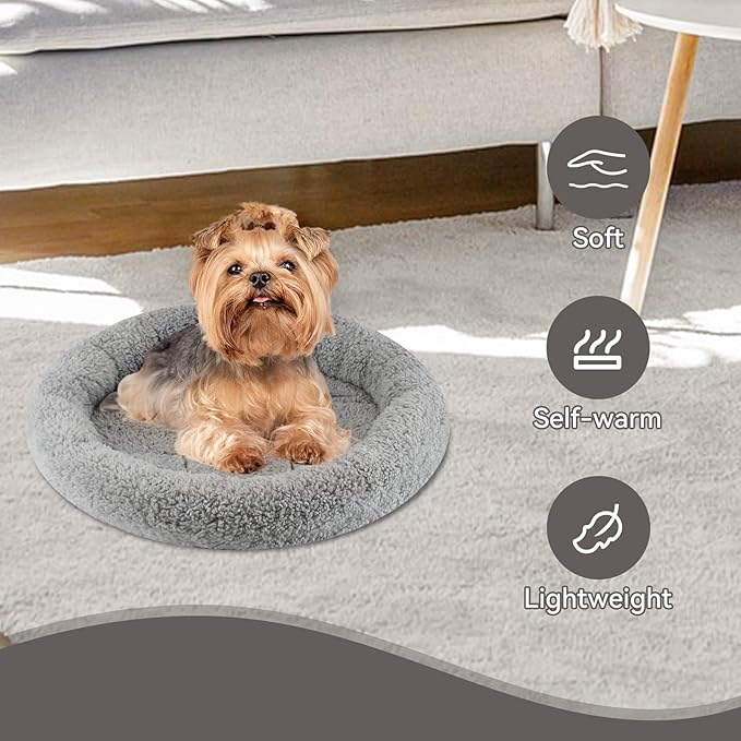 Enjoying Plush Cat Bed Mat, 15.75" Round, Self Warming Dog Bed with Pillow, Puppy Kitty Relying/Curling Sleep Cushion, Warm Bed for Small to Medium Dogs Cats Rabbits, Antiskid Bottom, Medium