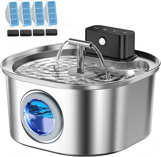 Voluas Cat Water Fountain Stainless Steel: 108oz/3.2L Wireless Cat Fountain Battery Operated for Drinking Indoor, Cordless Automatic Pet Water Dispenser Bowl with Water Level Window, BPA-Free