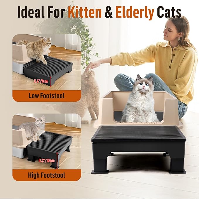 Adjustable Cat Litter Box Step Ramp, Elevated Cat Step Stair for Litter Box with Base, Filter Function, Non-Slip, Easy-to-Clean Pet Toilet Ramp Pedal for Kittens, Old Cats (Black)