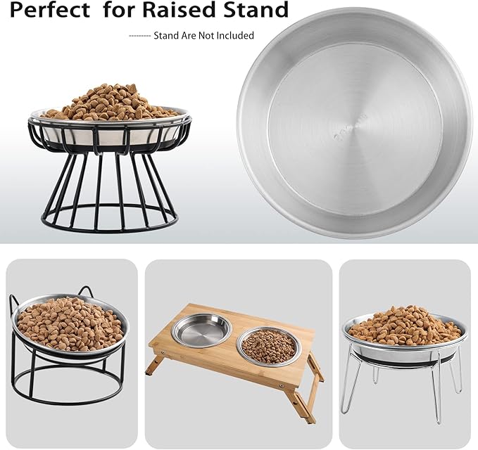 Stainless Steel Cat Bowls,Whisker Friendly Shallow Cat Dishes for Food and Water,Non-Slip Silicone Bottom,Heavy Duty,Replacement Kitten Metal Plate for Elevated Stands,2 Pack