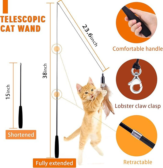 Retractable Cat Wand Toys - Interactive Feather Wand with Bell for Indoor/Outdoor Cats, 8 Pack