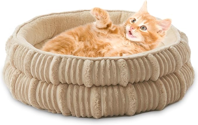 Cat Beds for Indoor Cats,Kitten Bed,Dog Bed for Extra Small Dogs Breeds,Puppy Kennel Bed, Comfy Durable Pet Sleeping Bed, Washable Roun Cat Beds & Non-Slip Bottom, Beige 18" L x 18" W x 7" Th