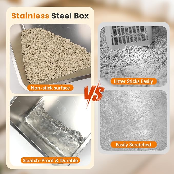 Nobleza Stainless Steel Cat Litter Box Extra Large Open-Top Enclosed Design Metal Litter Pan, Indoor Litter Tray, Non Stick, No Smell, Easy to Clean, Pet Toilet Supplies for Kitten, Kitty, Rabbit