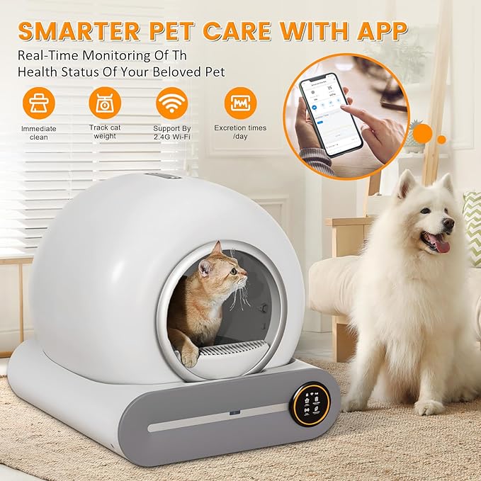 Self Cleaning Cat Litter Box, 65L+ 9 L Extra Large Robot Automatic Litter Box for Multiple Cats, APP Control, Deodorization & Negative ion Sterilization,[White]