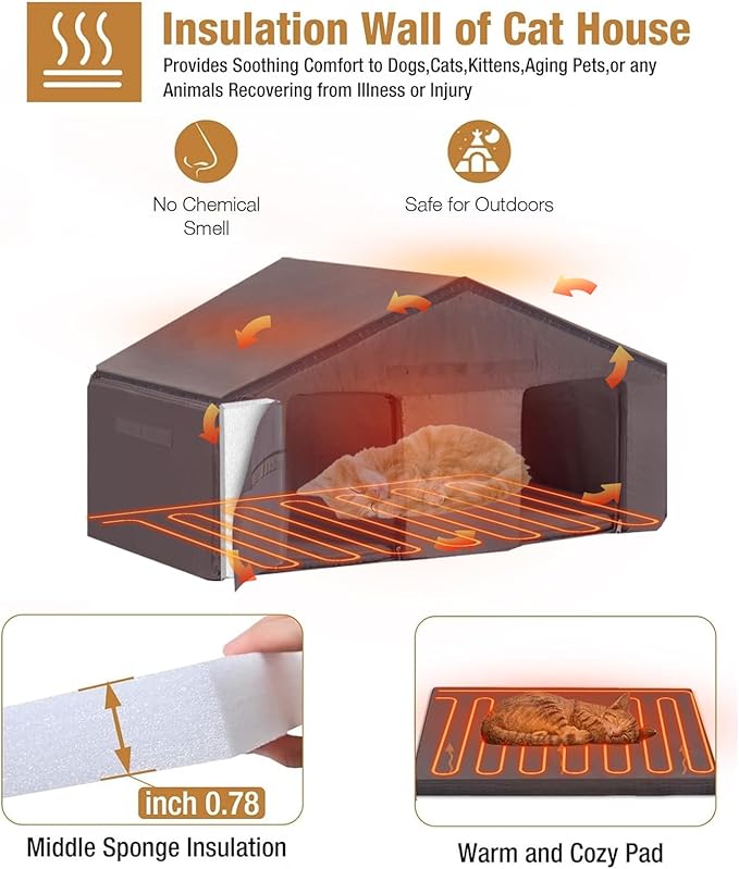 Heated Outdoor Cat House - Heavy-Duty Triple-Layer Weatherproof Shelter with Thermal Liner, Openable Roof & Escape Doors for Winter(92-Black)