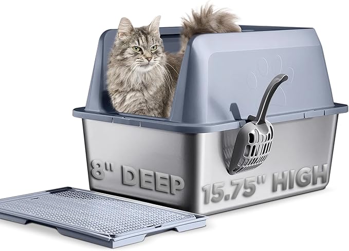 8" Deep 15.75" High Wall Sides Stainless Steel Cat Litter Box with Lid Extra Large Litter Box for Big Cats Deep Leak Proof Litter Pan, Easy Clean, Non Stick, No Odor, with Mat and Litter Scoop