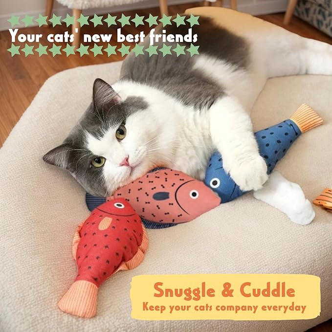 Tails & Tales Cat Toys Fish, Catnip & Crinkle Sound Plush, Bite-Resistant & Soft Interactive Toys for Indoor Cats & Kittens, Reduces Stress & Encourages Activity, Pack of 3