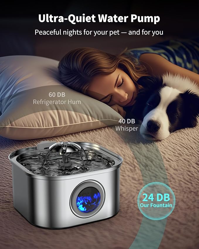 Cat Water Fountain Stainless Steel, 3.2L/108oz Cat Fountain with Water Level Indicator, Pet Water Dispenser with Quiet Pump Ideal for Cats, Dogs and Multi-pet households