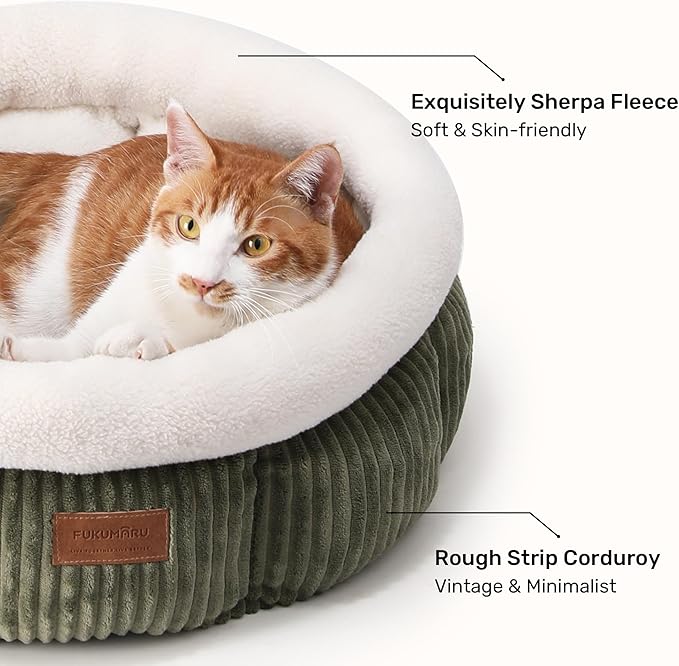 FUKUMARU Cat Bed, Washable Round Cat Beds for Indoor Cats, Soft Fluffy Pet Bed for Cats and Puppy, Corduroy Cute Small Dog Beds, Green