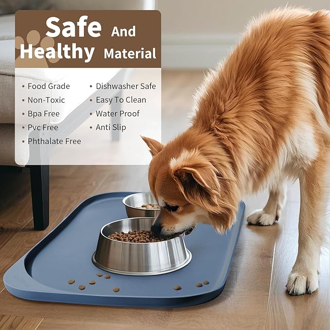 Silicone Pet Feeding Mat with Raised Edge & Residue Collection Pocket for Food and Water, Dog Bowl Mats, Cat Bowls Placemat with High Lip for Floor Waterproof, 19 x 12 x 0.7 Slate Blue