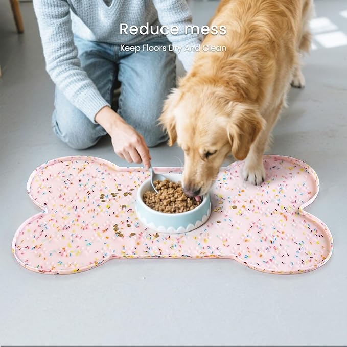 Dog Food Mat Anti-Slip Silicone Dog Bowl Mat Thicker Pet Placemat Waterproof Cat Feeder Pad with Raised Edge Puppy Kitten Feeding Mats Suitable Small Medium-Sized Dogs Cats Eating Tray