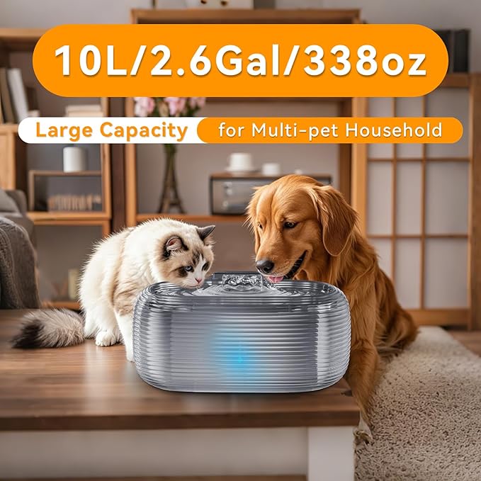 JMICOW 10L/2.6Gal/338oz Dog Water Fountain for Large Dogs, Dog Fountain Water Bowl, Pet Water Fountain with 5 Replacement Filters and 4 Cleaning Brushes (Grey)