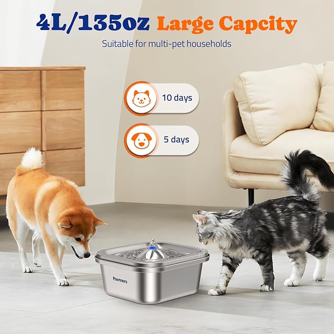 Cat Water Fountain Stainless Steel: 4L/140oz Pet Fountain Water Bowl Indoor, Automatic Dog Drinking Dispenser, Cat Feeding Watering Supplies, Metal Kitty Waterer Fountain, 10 Replacement Filters