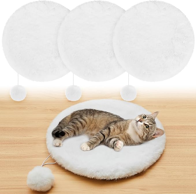 Abbylike 3 Pack 13.8 Round Cat Dog Bed Cushion Pad Mat Faux Rabbit Fur Pet Sleeping Mat with Small Ball Warm Plush Anti Slip Washable Cat Tree Tower Replacement Cushion Pad for Carrier Crate, White