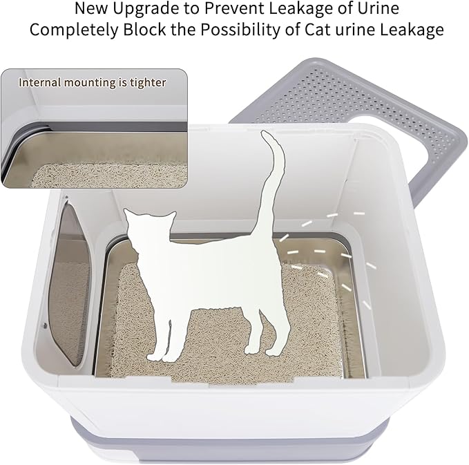 RIZZARI Stainless Steel Cat Box: Enclosed Design with High Walls - Light Gray - Large Litter Pan for Odor Control Indoors