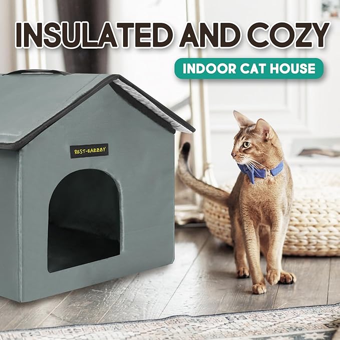 Rest-Eazzzy Cat House for Outdoor Cats, Weatherproof and Insulated Feral Cat House with Mat and Clip, Easy to Put Together, Selfwarming Cat Shelter for Winter, Never Blow Away (Grey, House X 2)