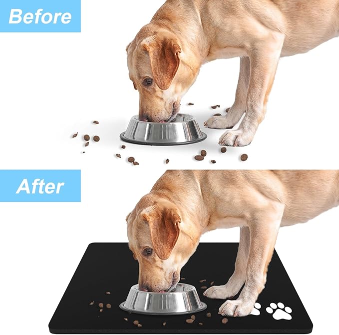 Rnivvi Dog Food Mat, 12" x 19" Footprint Absorbent Dog Cat Bowl Mat for Food and Water, Cute Anti-Slip Rubber Pet Feeding Rug Protect Floors, Puppy Placemat for Feeding & Watering Supplies, Black