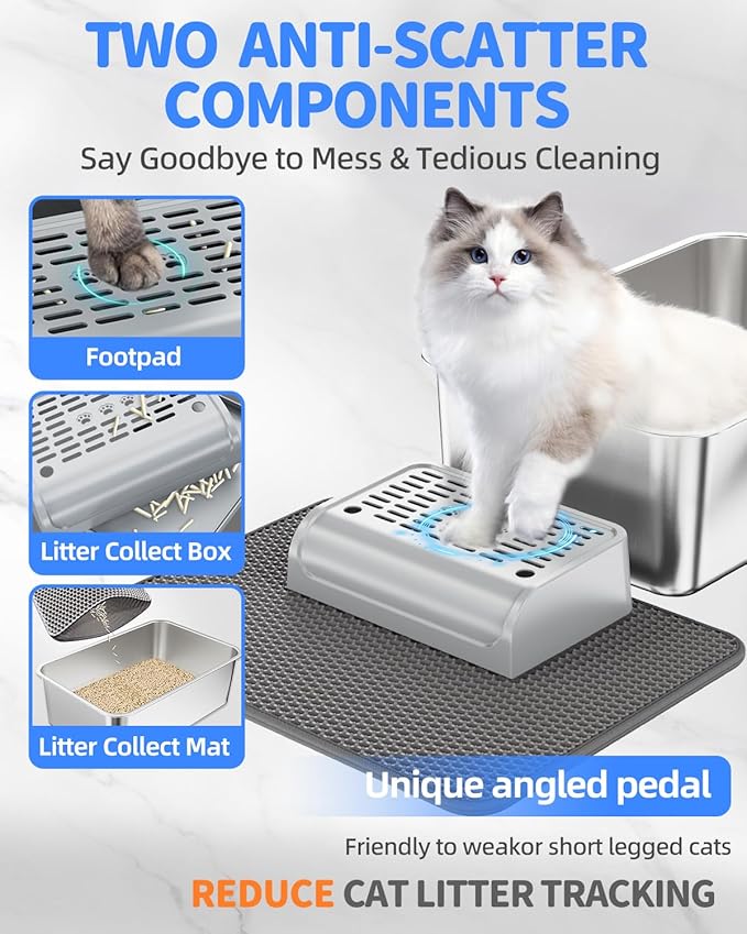 Stainless Steel Litter Box Set- [6-in-1] Extra Large Cat Litter Box with Pedal, Mat, Scoop, Brush, Wands, Non-Sticky Metal Litter Box for Cat, Kitt, Odorless, Easy Clean (23.6"x15.7"x8", 2 Pack)