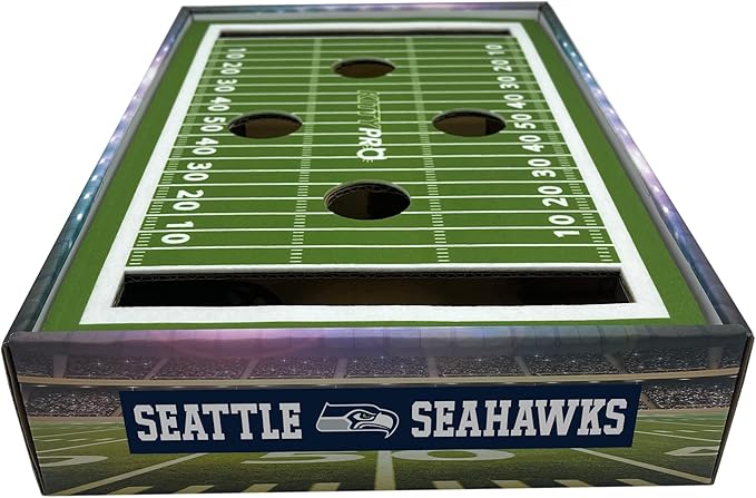 NFL Seattle Seahawks Football Stadium Cat Scratcher Find & Play Box With 2 Jingle Bell Balls - Game Day Toy, Field Felt Scratcher, Play and Lounge Stimulating Game