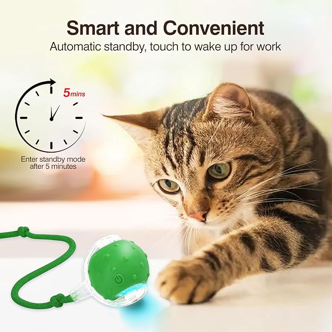 Electric Interactive Cat Toy Ball - Automatic Rolling Silicone Cat Toys for Indoor Cats, Durable Chew-Proof Motorized Kitty Ball with LED Light, Fun Exercise Toys for Bored Kittens（Green）