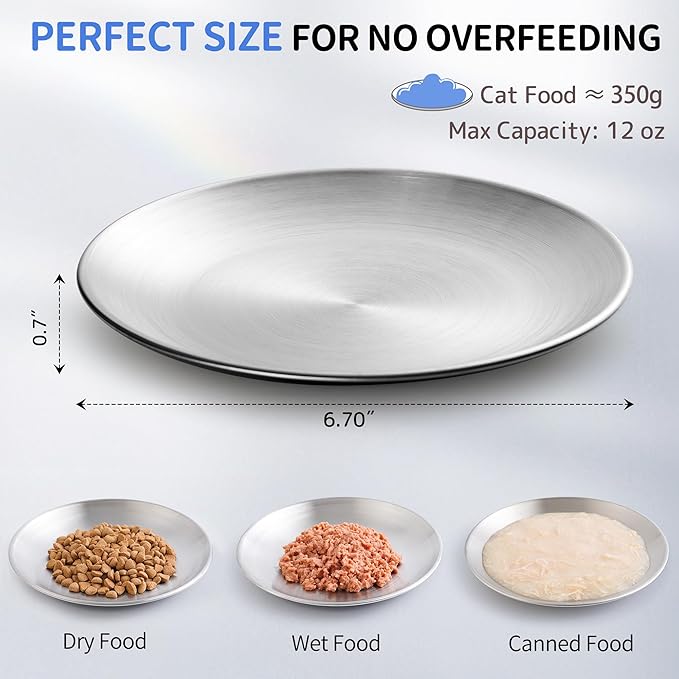 304 Stainless Steel Cat Plates for Wet Food, 6.7" Shallow/Wide Whisker Friendly Cats Food Bowls, Non-Slip Silicone Base,Easy to Clean Indoor Cat Feeding Dishes, 6 Pack