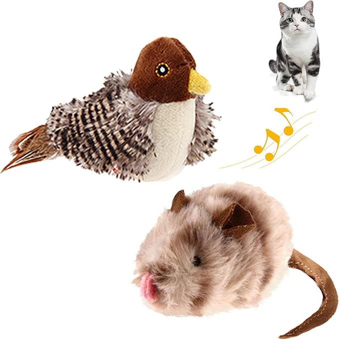PETGEEK Gigwi Chirping Bird Cat Toy, Fake Simulated Toys for Indoor Cats, Melody Chaser Toys with Hanging Loop for Bored Indoor Adult Cats Kittens Interactive Play (Bird Mouse Set)
