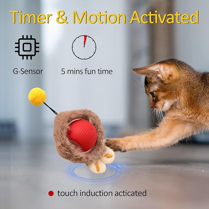 Interactive Cat Toy Ball for Indoor Cats, 2025 New Fast Self Rolling Ball Cat Toy on Carpet, Smart Interactive Automatic Cat Toy Ball for Gifts for Indoor Cats, Moving Cat Toy Ball-Plush Style(Red)