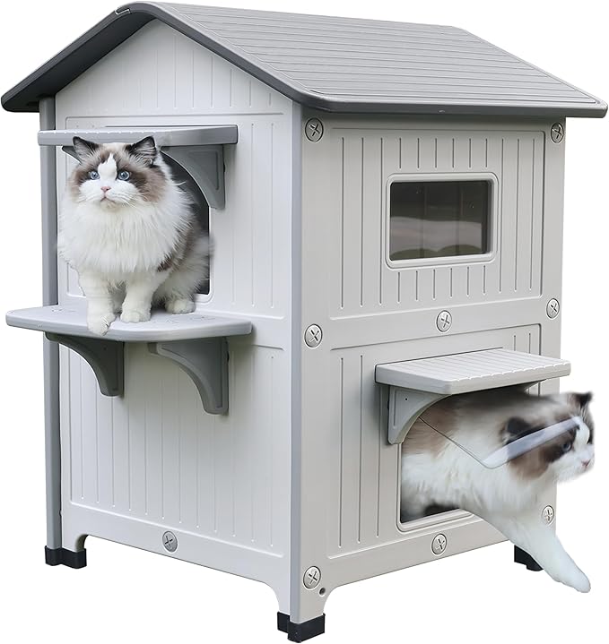 Rockever Luxury Plastic Outdoor Indoor Cat House with Escape Door, Waterproof 2 Story Outdoor Houses for Feral Cats Outside Cat Shelter, Spacious, Clean and Assemble Easily