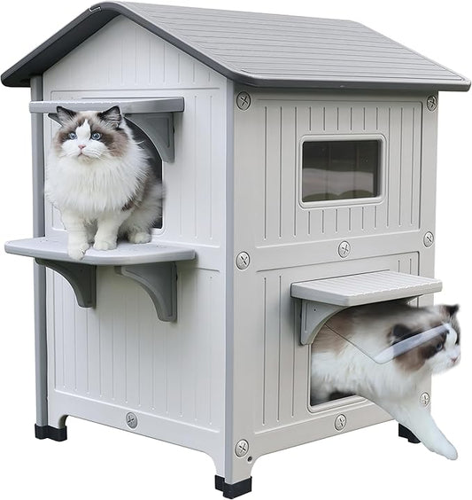 Rockever Luxury Plastic Outdoor Indoor Cat House with Escape Door, Waterproof 2 Story Outdoor Houses for Feral Cats Outside Cat Shelter, Spacious, Clean and Assemble Easily