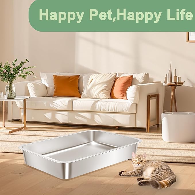 Stainless Steel Cat Litter Box for Kitten, Metal Litter Pan Tray for Rabbits Hamsters, Easy to Clean Cat Toilet Supplies-17.72''Lx 13.78'' W x4'' H
