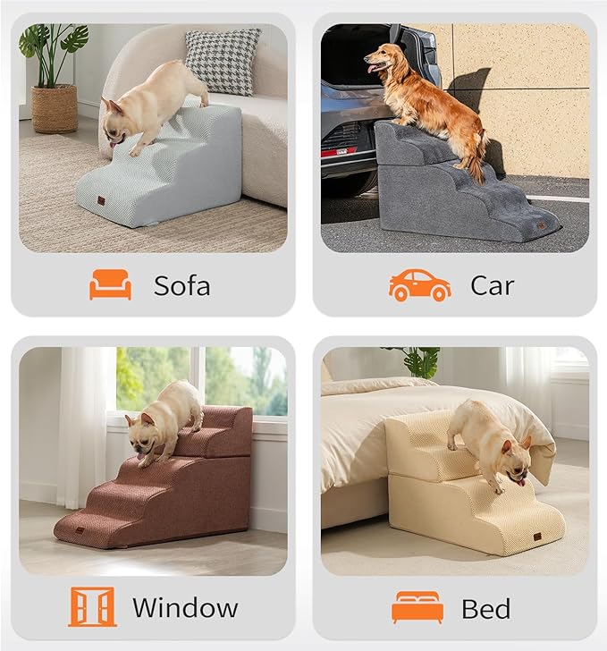 Made4Pets Dog Stairs Ramp for Bed, 4-Step Dog Steps for High Bed Couch Sofa Climbing, 35D Foam Pet Steps for Small Dogs and Cats, Non-Slip Bottom Pet Stairs, Light Grey