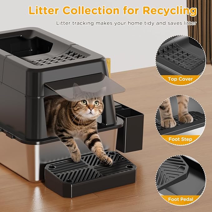 Stainless Steel Litter Box with Lid, XL Closed Metal Litter Box Modular Design with Flip Lid Fits All Cats, Extra Large Covered High Sided Cat Box, Scoop, Non-Sticky, Easy Cleaning, Black