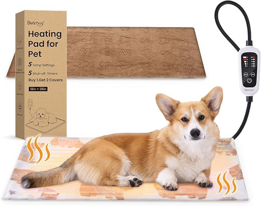 Bearhug Heated Cat Bed, Dog Heating Pad 28"×18"[Two Replaceable Cover] Adjustable Temperature Pet Heating Pad with Steel-Wrapped Cord, Waterproof and Chew-Resistant for Cats Puppies Medium Animals