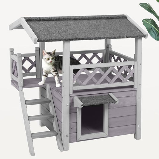 Cat House Outdoor Indoor Feral Cat Shelter Wooden Kitty House with Stairs, Balcony&Weatherproof Roof