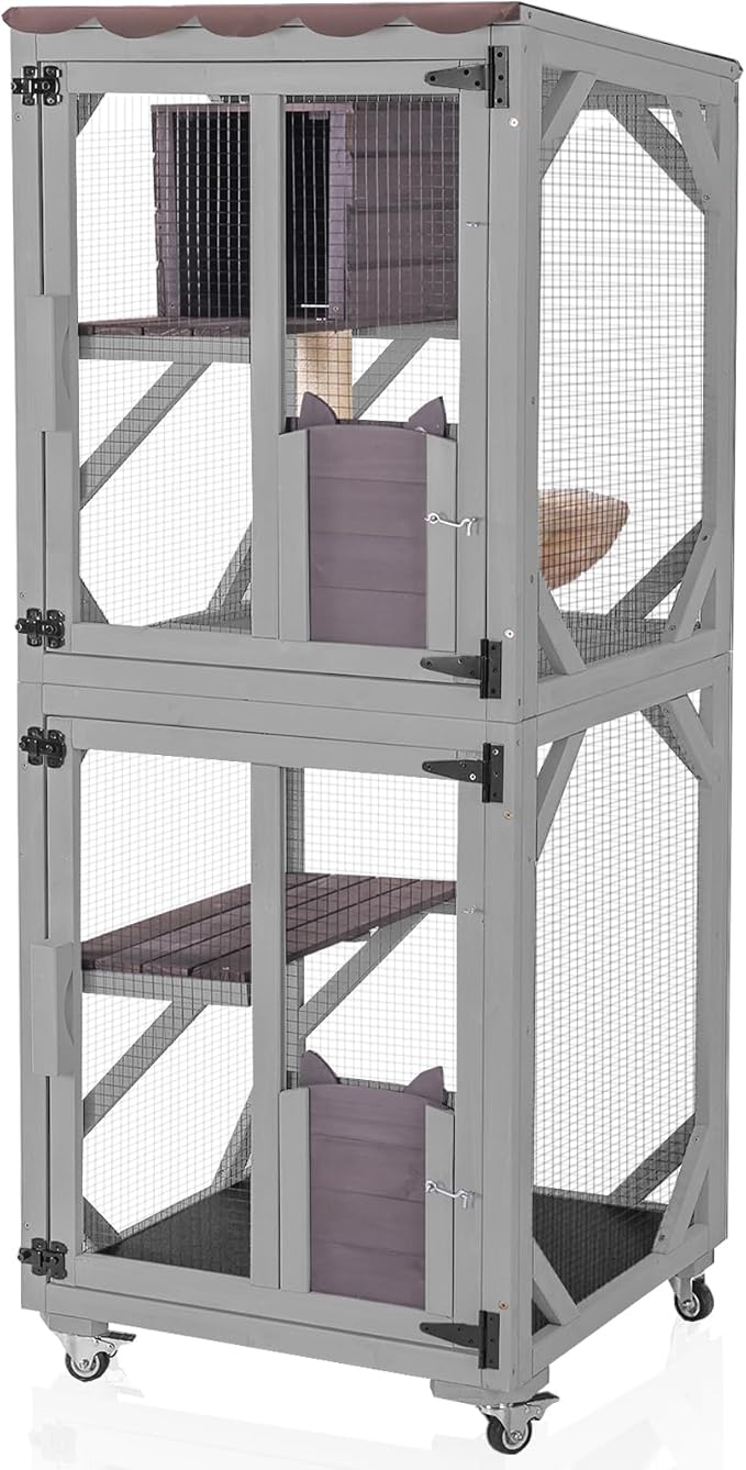 Aivituvin Cat Catio Outdoor Cat House Movable Large Enclosures on Exercise Wheels Kitty Cage with Upgraded Resting Box,Waterproof Cover