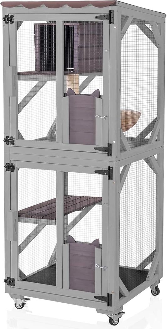 Aivituvin Cat Catio Outdoor Cat House Movable Large Enclosures on Exercise Wheels Kitty Cage with Upgraded Resting Box,Waterproof Cover