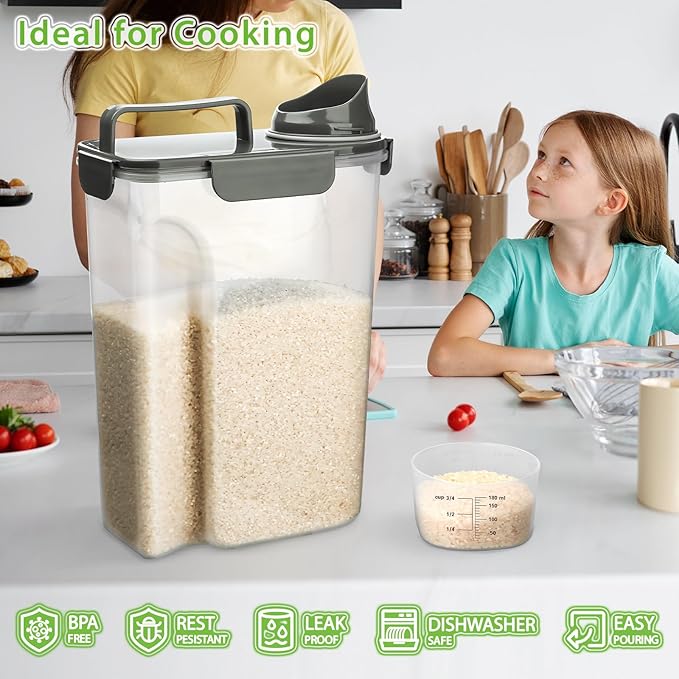 Rice Storage Container, 5 to 10lb Dry Food Airtight Dispenser, Pet Dog Cat Food Canister, BPA Free Clear Plastic Kitchen and Pantry Organization Bin for Oatmeal, Grain, Cereal, Pasta, Flour