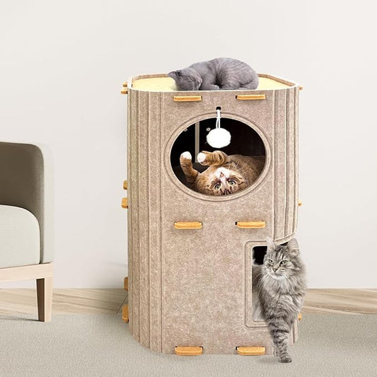 Homegroove Cat House for Indoor Cats, 2-Storey Cozy Felt Cat Bed Cave with Tunnel Hideaway, Large Multi-Cat Condo for Rest & Play (Camel, Large)