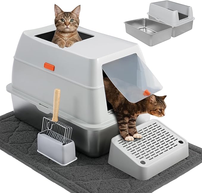 Stainless Steel Cat Litter Box, 4-in-1 Cat Metal Litter Box Set, Extra Large Top Entry Litter Box Enclosed, with Litter Mat, Litter Scoop, Light Grey