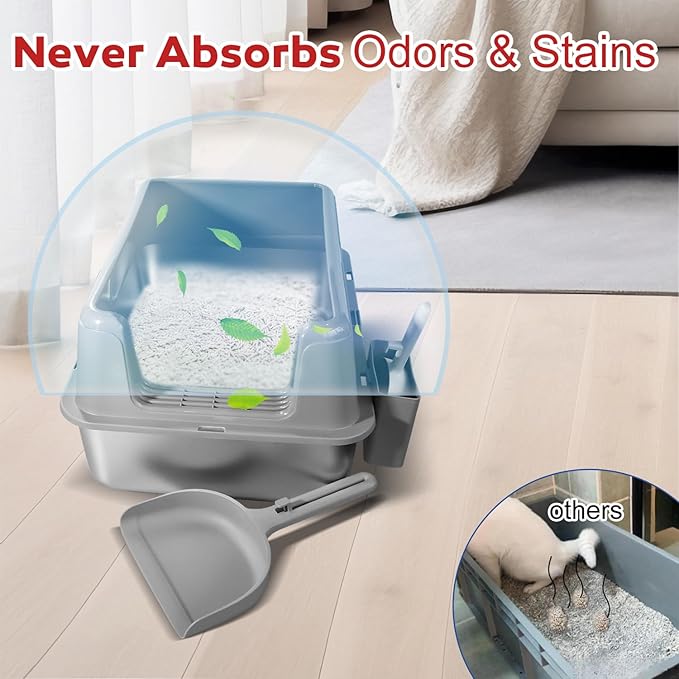 Stainless Steel Litter Box with Lid, 24" XL Extra Large High-Sided Metal Cat Litter Box for Multiple Cats,Anti-Leakage & Non-Stick, Easy to Clean, Includes 2 Scoops&Deodorizer Box, Gray