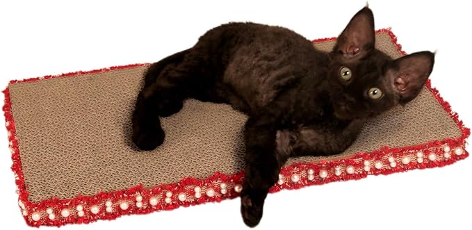 Classic Red Cat Scratch Pad, Stylish Boho Lace with Pearl Large Cardboard Cat Scratcher, Cat Scratchers for Indoor Cats, Durable Cat Scratching Board, Horizontal Scratch Pad for Cats