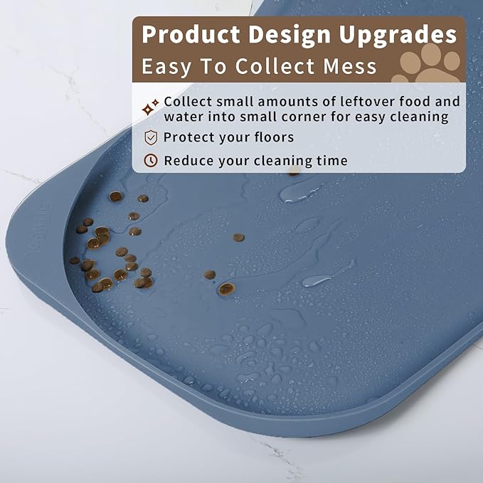 Silicone Pet Feeding Mat with Raised Edge & Residue Collection Pocket for Food and Water, Dog Bowl Mats, Cat Bowls Placemat with High Lip for Floor Waterproof, 19 x 12 x 0.7 Slate Blue