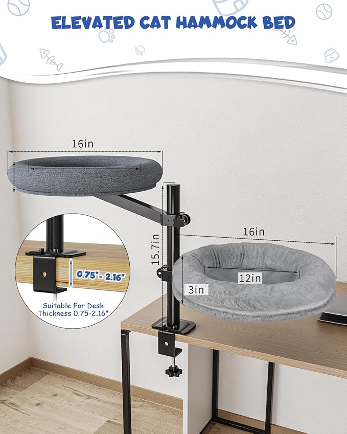 Double Cat Desk Bed, 360° Rotating Elevated Desk Cat Bed, Adjustable Raised Desk Kitten Bed Up to 80 LBS, Washable Soft Fabric Pet Desks Nest Beds, Cat Hammock Wall Mounted for Office and Game Tables