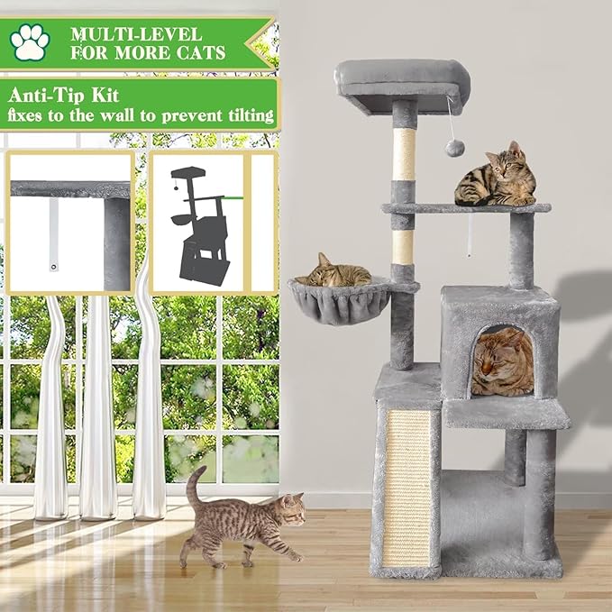 57" Cat Tree Tower for Indoor Cats, Multi-Level Cat Tower Condo with Sisal Scratching Post (Light Gray)