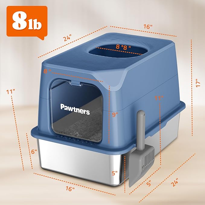 Pawtners Cat Litter Box, XL Extra Large Stainless Steel Kitty Litter Pan, Front Entry Top Exit Enclosed Metal Cat Toilet for Odor Control with Removable Lid & Scoop, Anti-Leakage, Easy to Clean, Blue