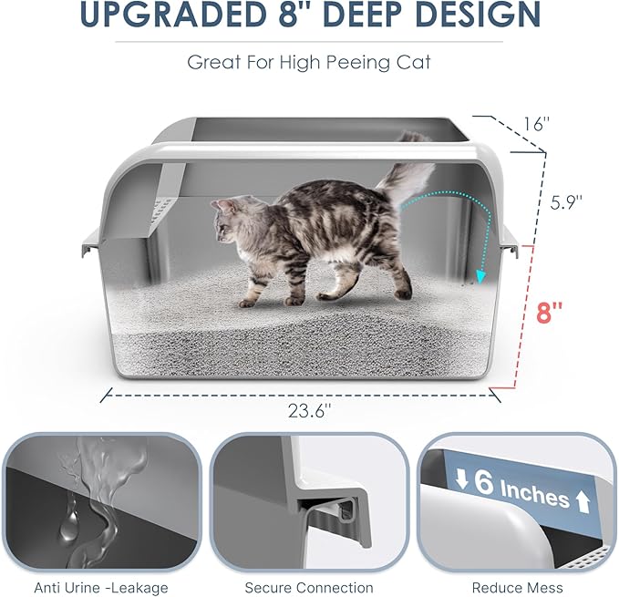 2 Pack 8" Deep Stainless Steel Litter Box with Lid, Extra Large & Deep Stainless Steel Cat Litter Box for Multipul Cats, Metal Litter Pan with Anti-Leakage High Wall, Litter Pan Easy Cleaning