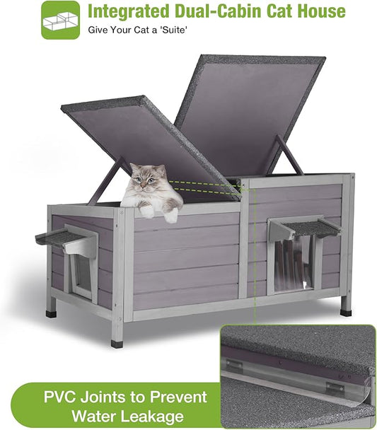 GUTINNEEN Outdoor Cat House Weatherproof, Large Cat Shelter with Openable Roofs, Feral Kitty Shelter with Elevated Base, PVC Curtain