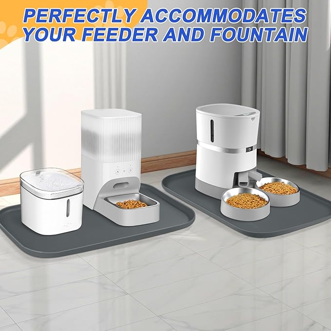 Silicone Pet Feeding Mat with Raised Edge for Food and Water, Dog Bowl Mats, Cat Bowls Placemat with High Lip for Floor Waterproof, Rubber Tray for Cats and Dogs 22 x 14 x 0.8 Dark Grey