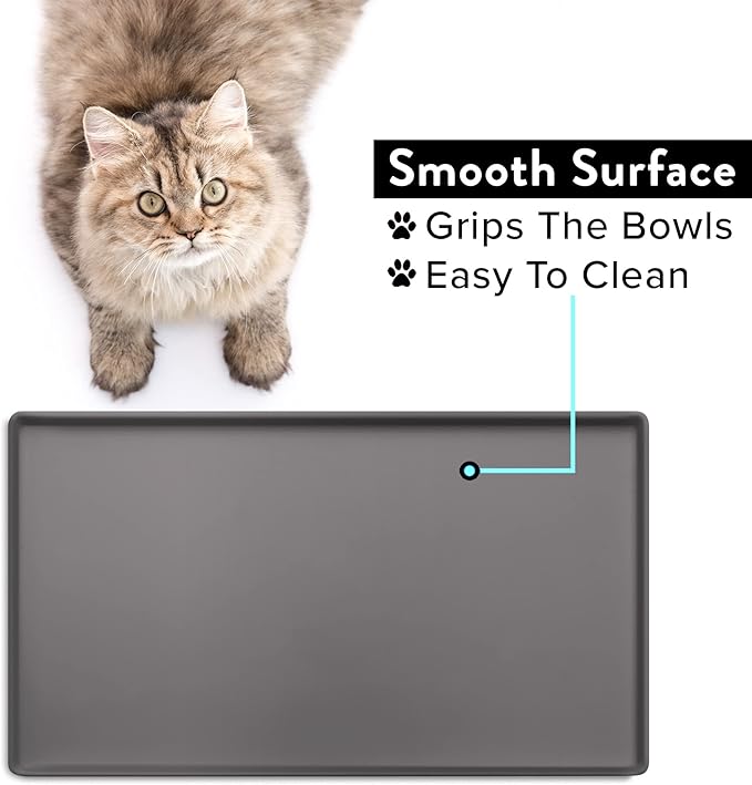 CatGuru Cat Food Mat, Small & Large Feeding Mats, 100% Waterproof Silicone Pet Placemat, Non-Slip Cat Food and Water Bowl or Water Fountain (Small, Carbon)
