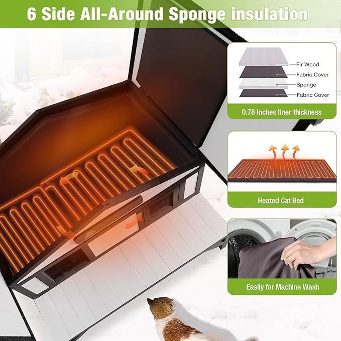 GUTINNEEN Heated Outdoor Cat House Weatherproof Large Cat Shelter with 100% Insulated Liner for Multiple Cats, Cat Houses for Indoor Cats（Black）